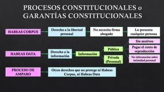 HABEAS CORPUS
HABEAS DATA
PROCESO DE
AMPARO
Derecho a la libertad
personal
No necesita firma
abogado
Lo presenta
cualquier persona
Derecho a la
información
Información
Pública
Privada
(Personal)
Sin motivos
Pagar el costo de
reproducción
No información sobre
intimidad personal
Otros derechos que no protege ni Habeas
Corpus, ni Habeas Data
 