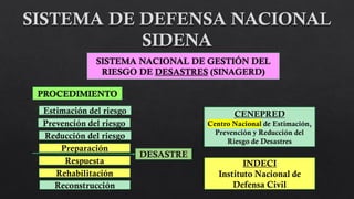 PROCEDIMIENTO
Estimación del riesgo
SISTEMA NACIONAL DE GESTIÓN DEL
RIESGO DE DESASTRES (SINAGERD)
Prevención del riesgo
Reducción del riesgo
Preparación
Respuesta
Rehabilitación
Reconstrucción
DESASTRE
CENEPRED
Centro Nacional de Estimación,
Prevención y Reducción del
Riesgo de Desastres
INDECI
Instituto Nacional de
Defensa Civil
 
