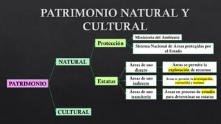 PATRIMONIO
NATURAL
Protección
CULTURAL
Estatus
Ministerio del Ambiente
Sistema Nacional de Áreas protegidas por
el Estado
Áreas de uso
directo
Áreas de uso
indirecto
Áreas de uso
transitorio
Áreas se permite la
explotación de recursos
Áreas se permite la investigación,
recreación y turismo
Áreas en proceso de estudio
para determinar su estatus
 