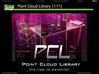 Introduction        Motivation       Acquisition   Data representation   Storage               [PCL]


                   Point Cloud Library (1/11)




                                 http://www.ros.org/wiki/pcl
Radu Bogdan RUSU                                                         Point Cloud Library
 