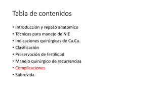 Tabla de contenidos
• Introducción y repaso anatómico
• Técnicas para manejo de NIE
• Indicaciones quirúrgicas de Ca.Cu.
• Clasificación
• Preservación de fertilidad
• Manejo quirúrgico de recurrencias
• Complicaciones
• Sobrevida
 