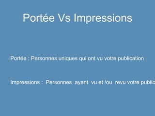 Portée Vs Impressions
Portée : Personnes uniques qui ont vu votre publication
Impressions : Personnes ayant vu et /ou revu votre public
 