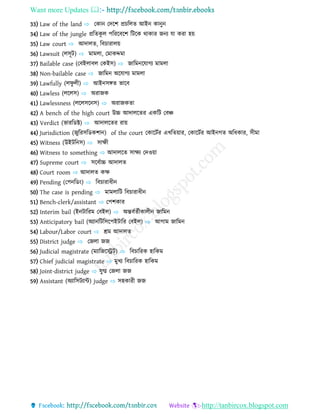 Want more Updates 
http://tanbircox.blogspot.com
33) Law of the land ⇨ যকোন্ যেযশ প্রচধেত আইন্ কোন্ুন্
34) Law of the jungle প্রধতকূ ে পধরযব্যশ ধটযক থোকোর জন্য ো করো হয়
35) Law court ⇨ আেোেত, ধব্চোরোেয়
36) Lawsuit (েসূট) ⇨ মোমেো, যমোকেমো
37) Bailable case (যব্ইেোব্ে যকইস) ⇨ জোধমন্য োগয মোমেো
38) Non-bailable case ⇨ জোধমন্ অ্য োগয মোমেো
39) Lawfully (েিু েী) ⇨ আইন্সঙ্গত ভোযব্
40) Lawless (েযেস) ⇨ অ্রোজক
41) Lawlessness (েযেসযন্স) ⇨ অ্রোজকতো
42) A bench of the high court উচ্চ আেোেযতর একধট যব্ঞ্চ
43) Verdict (ভোরধেক্ট) ⇨ আেোেযতর রোয়
44) Jurisdiction (জুধরসধেকশোন্) of the court যকোযটণর এখধতয়োর, যকোযটণর আইন্গত অ্ধিকোর, সীমো
45) Witness (উইটধন্স) ⇨ সোেী
46) Witness to something ⇨ আেোেযত সোেয যেওয়ো
47) Supreme court ⇨ সযব্ণোচ্চ আেোেত
48) Court room ⇨ আেোেত কে
49) Pending (যপন্ধেং) ⇨ ধব্চোরোিীন্
50) The case is pending ⇨ মোমেোধট ধব্চোরোিীন্
51) Bench-clerk/assistant ⇨ যপশকোর
52) Interim bail (ইন্টোধরম যব্ইে) ⇨ অ্ন্তব্ণতণীকোেীন্ জোধমন্
53) Anticipatory bail (অ্যোন্ধটধসযপইটোধর যব্ইে) ⇨ আগোম জোধমন্
54) Labour/Labor court ⇨ শ্রম আেোেত
55) District judge ⇨ যজেো জজ
56) Judicial magistrate (মযোধজযেি্) ⇨ ধব্চোধরক হোধকম
57) Chief judicial magistrate ⇨ মুখয ধব্চোধরক হোধকম
58) Joint-district judge ⇨ ুগ্ম যজেো জজ
59) Assistant (অ্যোধসটযোন্ট) judge ⇨ সহকোরী জজ
 