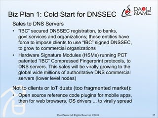 Biz Plan 1: Cold Start for DNSSEC
Sales to DNS Servers
• “IBC” secured DNSSEC registration, to banks,
govt services and organizations; these entities have
force to impose clients to use “IBC” signed DNSSEC,
to grow to commercial organizations
• Hardware Signature Modules (HSMs) running PCT
patented “IBC” Compressed Fingerprint protocols, to
DNS servers. This sales will be virally growing to the
global wide millions of authoritative DNS commercial
servers (lower level nodes)
Not to clients or IoT dusts (too fragmented market):
• Open source reference code plugins for mobile apps,
then for web browsers, OS drivers ... to virally spread
35DaoliName All Rights Reserved ©2019
 