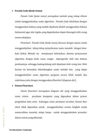 TP4 SMK NEGERI 1 PUNGGING
February6,2014
 Pseudo Code (Kode Semu)
Pseudo Code (kode semu) merupakan metode yang cukup efisien
untuk menggambarkan suatu algoritma . Pseudo Code dituliskan dengan
menggunakan bahasa yang mudah dipahami (boleh menggunakan bahasa
Indonesia) agar alur logika yang digambarkan dapat dimengeti oleh orang
awam sekalipun.
Flowchart Pseudo Code (kode semu) disusun dengan tujuan untuk
menggambarkan tahap-tahap penyelesaian suatu masalah dengan kata-
kata (teks). Metode ini mempunyai kelemahan, dimana penyusunan
algoritma dengan kode semu sangat dipengaruhi oleh tata bahasa
pembuatnya, sehingga kadang-kdang sulit dipahami oleh orang lain. Oleh
karena itu kemudian dikembangkan suatu metode lain yang dapat
menggambarkan suatu algoritma program secara lebih mudah dan
sederhana yaitu dengan menggunakan flowchart (diagram alir).
 Sistem Flowchart
Sistem flowchart merupakan diagram alir yang menggambarkan
suatu sistem peralatan komputer yang digunakan dalam proses
pengolahan data serta hubungan antar peralatan tersebut. Sistem flow
chart tidak digunakan untuk menggambarkan urutan langkah untuk
memecahkan masalah, tetapi hanya untuk menggambarkan prosedur
dalam sistem yang dibentuk.
 