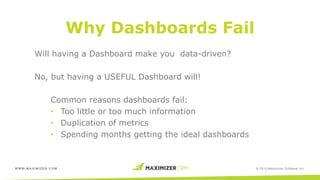 WWW.MAXIMIZER.COM © 2015 Maximizer Software Inc.
Why Dashboards Fail
Will having a Dashboard make you data-driven?
No, but having a USEFUL Dashboard will!
Common reasons dashboards fail:
• Too little or too much information
• Duplication of metrics
• Spending months getting the ideal dashboards
 
