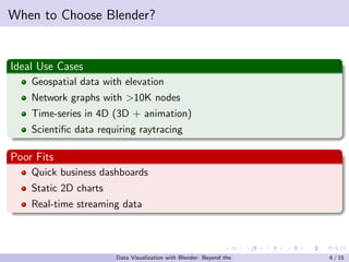 When to Choose Blender?
Ideal Use Cases
Geospatial data with elevation
Network graphs with >10K nodes
Time-series in 4D (3D + animation)
Scientific data requiring raytracing
Poor Fits
Quick business dashboards
Static 2D charts
Real-time streaming data
Data Visualization with Blender: Beyond the Basics 6 / 15
 