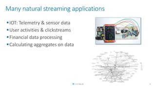 Many natural streaming applications
IOT: Telemetry & sensor data
User activities & clickstreams
Financial data processing
Calculating aggregates on data
6
 