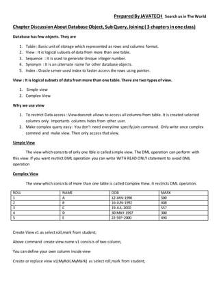 PreparedBy JAVATECH Search us in The World
Chapter DiscussionAbout Database Object, SubQuery, Joining ( 3 chapters inone class)
Database has few objects. They are
1. Table : Basic unit of storage which represented as rows and columns format.
2. View : It is logical subsets of data from more than one table.
3. Sequence : It is used to generate Unique integer number.
4. Synonym : It is an ulternate name for other database objects.
5. Index : Oracle server used index to faster access the rows using pointer.
View : It is logical subsets of data from more than one table. There are two types of view.
1. Simple view
2. Complex View
Why we use view
1. To restrict Data access : View doesnot allows to access all columns from table. It is created selected
columns only. Importants columns hides from other user.
2. Make complex query easy : You don’t need everytime specify join command. Only write once complex
commnd and make view. Then only access that view.
Simple View
The view which consists of only one tble is called simple view. The DML operation can perform with
this view. If you want restrict DML operation you can write WITH READ ONLY statement to avoid DML
operation
Complex View
The view which consists of more than one table is called Complex View. It restricts DML operation.
ROLL NAME DOB MARK
1 A 12-JAN-1990 500
2 B 16-JUN-1992 408
3 C 19-JUL-2000 557
4 D 30-MAY-1997 300
5 E 22-SEP-2000 490
Create View v1 as select roll,mark from student;
Above command create view name v1 consists of two column;
You can define your own column inside view
Create or replace view v1(MyRoll,MyMark) as select roll,mark from student;
 