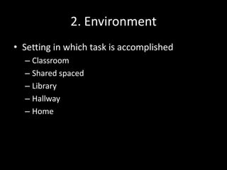 2. EnvironmentSetting in which task is accomplishedClassroomShared spacedLibraryHallwayHome