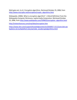 MyCrypto.net. (n.d.). Encryption algorithms. Retrieved October 25, 2006, from
http://www.mycrypto.net/encryption/crypto_algorithms.html
Webopedia. (2006). What is encryption algorithm? A Word Definition From the
Webopedia Computer Dictionary. Jupitermedia Corporation. Retrieved October
25, 2006, from http://www.webopedia.com/TERM/E/encryption_algorithm.html
http://networksorcery.com/enp/data/encryption.htm
https://www.ibm.com/support/knowledgecenter/en/SSAW57_8.5.5/com.ibm.we
bsphere.nd.multiplatform.doc/ae/rwbs_wssdecryptalgorithms.html
 