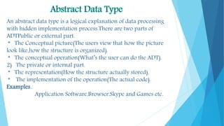 Abstract Data Type
An abstract data type is a logical explanation of data processing
with hidden implementation process.There are two parts of
ADTPublic or external part.
* The Conceptual picture(The users view that how the picture
look like,how the structure is organized).
* The conceptual operation(What’s the user can do the ADT).
2) The private or internal part.
* The representation(How the structure actually stored).
* The implementation of the operation(The actual code).
Examples..
Application Software,Browser,Skype and Games etc.
 