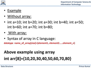 Department of Computer Science &
Information Technology
Prince Kumar
Data Structure
• Example
• Without array:
• int a=10; int b=20; int a=30; int b=40; int a=50;
int b=60; int a=70; int b=80;
• With array:
• Syntax of array in C language:
datatype name_of_array[size]={element1, element2.....element_n}
Above example using array
int arr[8]={10,20,30,40,50,60,70,80}
 