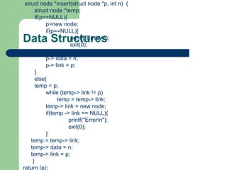 Data Structures
struct node *insert(struct node *p, int n) {
struct node *temp;
if(p==NULL){
p=new node;
if(p==NULL){
printf("Errorn");
exit(0);
}
p-> data = n;
p-> link = p;
}
else{
temp = p;
while (temp-> link != p)
temp = temp-> link;
temp-> link = new node;
if(temp -> link == NULL){
printf("Errorn");
exit(0);
}
temp = temp-> link;
temp-> data = n;
temp-> link = p;
}
return (p);
 