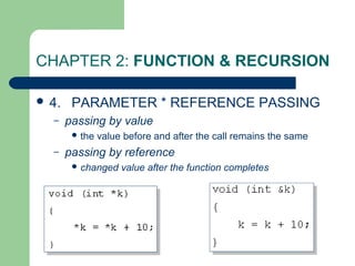 CHAPTER 2: FUNCTION & RECURSION
 4. PARAMETER * REFERENCE PASSING
– passing by value
 the value before and after the call remains the same
– passing by reference
 changed value after the function completes
 