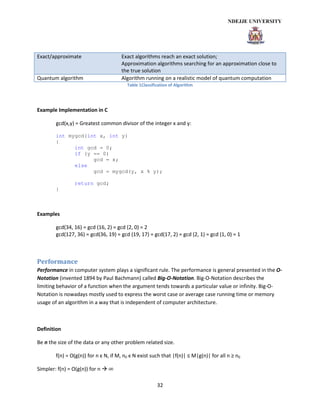 32
Exact/approximate Exact algorithms reach an exact solution;
Approximation algorithms searching for an approximation close to
the true solution
Quantum algorithm Algorithm running on a realistic model of quantum computation
Table 1Classification of Algorithm
Example Implementation in C
gcd(x,y) = Greatest common divisor of the integer x and y:
int mygcd(int x, int y)
{
int gcd = 0;
if (y == 0)
gcd = x;
else
gcd = mygcd(y, x % y);
return gcd;
}
Examples
gcd(34, 16) = gcd (16, 2) = gcd (2, 0) = 2
gcd(127, 36) = gcd(36, 19) = gcd (19, 17) = gcd(17, 2) = gcd (2, 1) = gcd (1, 0) = 1
Performance
Performance in computer system plays a significant rule. The performance is general presented in the O-
Notation (invented 1894 by Paul Bachmann) called Big-O-Notation. Big-O-Notation describes the
limiting behavior of a function when the argument tends towards a particular value or infinity. Big-O-
Notation is nowadays mostly used to express the worst case or average case running time or memory
usage of an algorithm in a way that is independent of computer architecture.
Definition
Be n the size of the data or any other problem related size.
f(n) = O(g(n)) for n ϵ N, if M, n0 ϵ N exist such that |f(n)| ≤ M|g(n)| for all n ≥ n0
Simpler: f(n) = O(g(n)) for n ∞
 