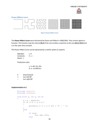 39
Peano-Hilbert curve
Figure 6 Peano-Hilbert Curve
The Peano-Hilbert curves were discovered by Peano and Hilbert in 1890/1891. They convert against a
function. This function map the interval [0,1] of the real numbers surjective on the area [0,1] x [0,1] and
is in the same time constant.
The Peano-Hilbert Curve can be expressed by a rewrite system (L-system).
Alphabet: L, R
Constants: F, +, −
Axiom: L
Production rules:
L → +RF−LFL−FR+
R → −LF+RFR+FL−
F: draw forward
+: turn left 90°
-: turn right 90°
Implementation in C
#include <stdio.h>
#include <stdlib.h>
void f(int x, int y, int m)
{
x = m - abs(m-x);
if (x == m || y == m )
{
putchar(x == 0 || y == m+1 ? '@' : ' ');
}
else
{
if (y>m)
f(x, y&m, m/2);
else
 