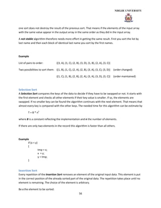 56
one sort does not destroy the result of the previous sort. That means if the elements of the input array
with the same value appear in the output array in the same order as they did in the input array.
A not stable algorithm therefore needs more effort in getting the same result. First you sort the list by
last name and then each block of identical last name you sort by the first names.
Example
List of pairs to order: {(3, A), (1, C), (2, B), (3, D), (1, B), (2, A), (3, C)}
Two possibilities to sort them: {(1, B), (1, C), (2, A), (2, B), (3, A), (3, C), (3, D)} (order changed)
{(1, C), (1, B), (2, B), (2, A), (3, A), (3, D), (3, C)} (order maintained)
Selection Sort
A Selection Sort compares the keys of the data to decide if they have to be swapped or not. It starts with
the first element and checks all other elements if their key value is smaller. If so, the elements are
swapped. If no smaller key can be found the algorithm continues with the next element. That means that
almost every key is compared with the other keys. The needed time for this algorithm can be estimate by
T = B * n2
where B is a constant reflecting the implementation and n the number of elements.
If there are only two elements in the record this algorithm is faster than all others.
Example
if (x < y)
{
tmp = x;
x = y;
y = tmp;
}
Insertion Sort
Every repetition of the Insertion Sort removes an element of the original input data. This element is put
in the correct position of the already sorted part of the original data. The repetition takes place until no
element is remaining. The choice of the element is arbitrary.
Be s the element to be sorted:
 
