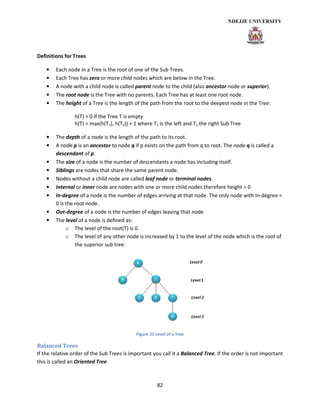 82
Definitions for Trees
• Each node in a Tree is the root of one of the Sub Trees.
• Each Tree has zero or more child nodes which are below in the Tree.
• A node with a child node is called parent node to the child (also ancestor node or superior).
• The root node is the Tree with no parents. Each Tree has at least one root node.
• The height of a Tree is the length of the path from the root to the deepest node in the Tree:
h(T) = 0 if the Tree T is empty
h(T) = max(h(T1), h(T2)) + 1 where T1 is the left and T2 the right Sub Tree
• The depth of a node is the length of the path to its root.
• A node p is an ancestor to node q if p exists on the path from q to root. The node q is called a
descendant of p.
• The size of a node is the number of descendants a node has including itself.
• Siblings are nodes that share the same parent node.
• Nodes without a child node are called leaf node or terminal nodes.
• Internal or inner node are nodes with one or more child nodes therefore height > 0
• In-degree of a node is the number of edges arriving at that node. The only node with In-degree =
0 is the root node.
• Out-degree of a node is the number of edges leaving that node
• The level of a node is defined as:
o The level of the root(T) is 0.
o The level of any other node is increased by 1 to the level of the node which is the root of
the superior sub tree.
Figure 31 Level of a Tree
Balanced Trees
If the relative order of the Sub Trees is important you call it a Balanced Tree. If the order is not important
this is called an Oriented Tree.
 