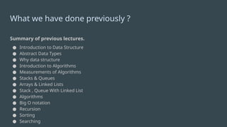 What we have done previously ?
Summary of previous lectures.
● Introduction to Data Structure
● Abstract Data Types
● Why data structure
● Introduction to Algorithms
● Measurements of Algorithms
● Stacks & Queues
● Arrays & Linked Lists
● Stack , Queue With Linked List
● Algorithms
● Big O notation
● Recursion
● Sorting
● Searching
 