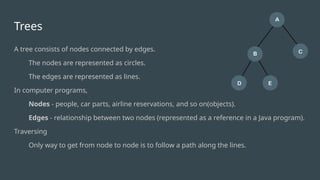 Trees
A tree consists of nodes connected by edges.
The nodes are represented as circles.
The edges are represented as lines.
In computer programs,
Nodes - people, car parts, airline reservations, and so on(objects).
Edges - relationship between two nodes (represented as a reference in a Java program).
Traversing
Only way to get from node to node is to follow a path along the lines.
 