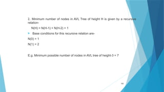 2. Minimum number of nodes in AVL Tree of height H is given by a recursive
relation-
N(H) = N(H-1) + N(H-2) + 1
 Base conditions for this recursive relation are-
N(0) = 1
N(1) = 2
E.g. Minimum possible number of nodes in AVL tree of height-3 = 7
102
 