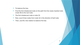  To balance the tree,
 Find the first imbalanced node on the path from the newly inserted node
(node 48) to the root node.
 The first imbalanced node is node 32.
 Now, count three nodes from node 32 in the direction of leaf node.
 Then, use AVL tree rotation to balance the tree.
125
 