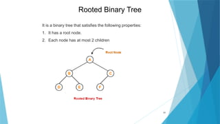 31
It is a binary tree that satisfies the following properties:
1. It has a root node.
2. Each node has at most 2 children
Rooted Binary Tree
 