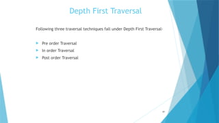 Depth First Traversal
Following three traversal techniques fall under Depth First Traversal-
 Pre order Traversal
 In order Traversal
 Post order Traversal
41
 