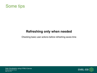 Data Visualisation using HTML5 Canvas
Hinxton Services Forum
May 30, 2013
Some tips
Refreshing only when needed
Checking basic user actions before refreshing saves time
 