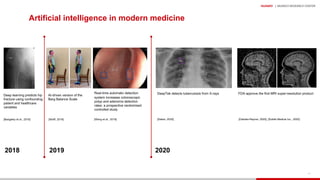HUAWEI | MUNICH RESEARCH CENTER
44
Artificial intelligence in modern medicine
AI-driven version of the
Berg Balance Scale
Real-time automatic detection
system increases colonoscopic
polyp and adenoma detection
rates: a prospective randomised
controlled study
2019 2020
FDA approve the first MRI super-resolution productDeepTek detects tuberculosis from X-rays
Deep learning predicts hip
fracture using confounding
patient and healthcare
variables
2018
[Wolff, 2019] [Wang et al., 2019] [Salian, 2020] [Oakden-Rayner, 2020], [Subtle Medical Inc., 2020][Badgeley et al., 2018]
 