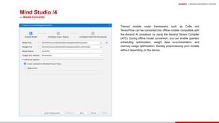 HUAWEI | MUNICH RESEARCH CENTER
77
Mind Studio /4
— Model Converter
Trained models under frameworks such as Caffe and
TensorFlow can be converted into offline models compatible with
the Ascend AI processor by using the Ascend Tensor Compiler
(ATC). During offline model conversion, you can enable operator
scheduling optimization, weight data re-orchestration, and
memory usage optimization, thereby preprocessing your models
without depending on the device.
 