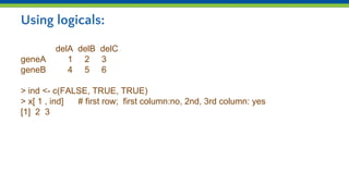 Using logicals:
delA delB delC
geneA 1 2 3
geneB 4 5 6
> ind <- c(FALSE, TRUE, TRUE)
> x[ 1 , ind] # first row; first column:no, 2nd, 3rd column: yes
[1] 2 3
 