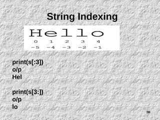 18
String Indexing
print(s[:3])
o/p
Hel
print(s[3:])
o/p
lo
18
 
