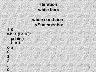5
Iteration
while loop
while condition :
<Statements>
i=0
while (i < 10):
print( i)
i += 1
o/p
0
1
2
.
9
 