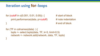 Iteration using for-loops
for (cutoff in c(0.001, 0.01, 0.05)) { # start of block
print.performance(data, p=cutoff) # note indentation
} # end of block
for (TF in colnames(data) ) {
txpts <- select.txpts(data, TF, k=3, limit=0.5)
network <- network.add(network, data, TF, txpts)
}
 