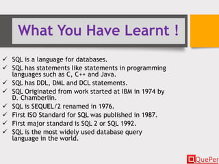What You Have Learnt !
 SQL is a language for databases.
 SQL has statements like statements in programming
languages such as C, C++ and Java.
 SQL has DDL, DML and DCL statements.
 SQL Originated from work started at IBM in 1974 by
D. Chamberlin.
 SQL is SEQUEL/2 renamed in 1976.
 First ISO Standard for SQL was published in 1987.
 First major standard is SQL 2 or SQL 1992.
 SQL is the most widely used database query
language in the world.
 