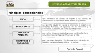 Currículo General
REFERENCIA CONCEPTUAL DEL DCN
Principios Educacionales
ÉTICA
DEMOCRACIA
CONCIENCIA
AMBIENTAL
CREATIVIDAD E
INNOVACIÓN
que fortalezca los valores, el respeto a las normas de
convivencia y la conciencia moral, individual y pública.
que permita educar en y para la tolerancia, el respeto a los
derechos humanos, el ejercicio de la identidad y la
conciencia ciudadana, así como la participación.
que motive el respeto, cuidado y conservación del entorno
natural como garantía para el futuro de la vida.
que promuevan la producción de nuevos conocimientos en
todos los campos del saber, el arte y la cultura.
 