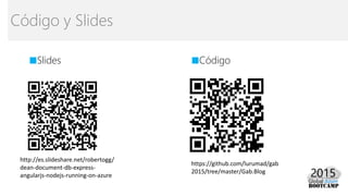 ■Slides
Código y Slides
■Código
https://github.com/lurumad/gab
2015/tree/master/Gab.Blog
http://es.slideshare.net/robertogg/
dean-document-db-express-
angularjs-nodejs-running-on-azure
 