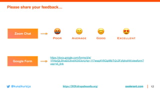 axelerant.com 12@kunalkursija https://2020.drupalmanila.org/
Zoom Chat
Google Form
https://docs.google.com/forms/d/e/
1FAIpQLSfvaDC6vdXOi53crLHzr-117wssj4V6GipMbTr2c3FzfqhoHA/viewform?
usp=sf_link
🤬
Poor
😐
Average
😊
Good
😍
Excellent
Please share your feedback…
 