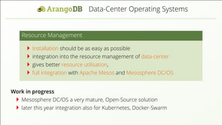 Data-Center Operating Systems
Resource Management
Installation should be as easy as possible
integration into the resource management of data-center
gives better resource utilisation,
full integration with Apache Mesos and Mesosphere DC/OS
Work in progress
Mesosphere DC/OS a very mature, Open-Source solution
later this year integration also for Kubernetes, Docker-Swarm
 