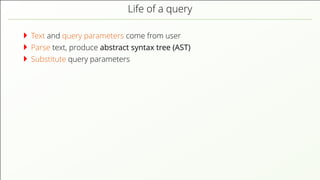 Life of a query
Text and query parameters come from user
Parse text, produce abstract syntax tree (AST)
Substitute query parameters
 
