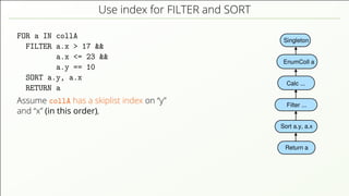 Use index for FILTER and SORT
FOR a IN collA
FILTER a.x > 17 &&
a.x <= 23 &&
a.y == 10
SORT a.y, a.x
RETURN a
Assume collA has a skiplist index on “y”
and “x” (in this order),
Singleton
EnumColl a
Filter ...
Calc ...
Sort a.y, a.x
Return a
 