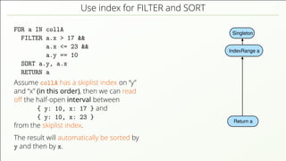 Use index for FILTER and SORT
FOR a IN collA
FILTER a.x > 17 &&
a.x <= 23 &&
a.y == 10
SORT a.y, a.x
RETURN a
Assume collA has a skiplist index on “y”
and “x” (in this order), then we can read
oﬀ the half-open interval between
{ y: 10, x: 17 } and
{ y: 10, x: 23 }
from the skiplist index.
The result will automatically be sorted by
y and then by x.
Singleton
Return a
IndexRange a
 