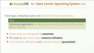 is a Data Center Operating System App
These days, computing clusters run Data Center Operating Systems.
Idea
Distributed applications can be deployed as easily as one installs a mobile
app on a phone.
Cluster resource management is automatic.
This leads to signiﬁcantly better resource utilization.
Fault tolerance, self-healing and automatic failover is guaranteed.
 
