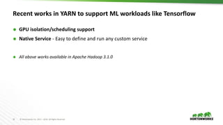16 © Hortonworks Inc. 2011 – 2016. All Rights Reserved
Recent works in YARN to support ML workloads like Tensorflow
 GPU isolation/scheduling support
 Native Service - Easy to define and run any custom service
 All above works available in Apache Hadoop 3.1.0
 