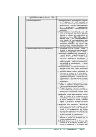 126 MINISTERO DELL’ECONOMIA E DELLE FINANZE
95, 96 e 98 della legge 30 dicembre 2018, n.
145.
B) Ministero della Salute 1) Programmazione del servizio sanitario nazionale
per l’erogazione dei livelli essenziali di
assistenza (in relazione alle somme da destinare
al finanziamento di interventi di edilizia sanitaria
per ampliamento, riqualificazione,
adeguamento e messa a norma delle strutture
ospedaliere);
2) Programma sistemi informativi per la tutela della
salute e il governo del Servizio Sanitario
Nazionale (in relazione al finanziamento di cui
all’articolo 1, comma 510, della legge 30
dicembre 2018, n. 145, concernente spese in
conto capitale per l'ammodernamento delle
infrastrutture tecnologiche relative ai sistemi di
prenotazione elettronica per l’accesso alle
strutture sanitarie, finalizzati alla riduzione delle
liste d'attesa delle prestazioni sanitarie).
C) Ministero delle infrastrutture e dei trasporti 1) Programma politiche abitative, urbane e
territoriali (in relazione al programma recupero
edilizia residenziale pubblica, comuni e IACP);
2) Programma opere strategiche, edilizia statale e
interventi speciali e per pubbliche calamità (in
relazione: a) al fondo opere – spese per la
costruzione, sistemazione, manutenzione e
completamento di edifici pubblici statali etc.; b)
al fondo progetti – costruzione, sistemazione,
manutenzione e completamento di edifici
pubblici statali etc.);
3) Programma sistemi idrici, idraulici ed elettrici (in
relazione al fondo opere – piano straordinario
invasi);
4) Programma sistemi stradali, autostradali ed
intermodali (in relazione a: a) fondo opere –
rifinanziamento di contributi in conto impianti da
corrispondere all’Anas per la realizzazione etc.;
b) fondo opere – rifinanziamento di contributi
all’Anas per la presa in carico dei tratti stradali
dismessi etc.);
5) Programma sviluppo e sicurezza della mobilità
stradale (in relazione al fondo per l’accessibilità
e la mobilità delle persone con disabilità);
6) Programma sistemi ferroviari, sviluppo e
sicurezza del trasporto ferroviario (relativamente
al fondo opere – interventi in favore di grandi
stazioni);
7) Programma sviluppo e sicurezza della mobilità
locale (in relazione a: a) rifinanziamento del
contributo per l’ammodernamento tecnologico
dei sistemi di sicurezza di ferrovie e materiale
rotabile; b) interventi per la messa in sicurezza
delle ferrovie non interconnesse);
8) Programma diritto alla mobilità e sviluppo dei
sistemi di trasporto (in relazione a: a)
rifinanziamento del fondo per le infrastrutture
portuali; b) somme da assegnare per l’accesso
agli impianti portuali; c) spese per miglioramento
competitività porti italiani e trasferimento
ferroviario e modale nei sistemi portuali);
9) Programma ordine pubblico e sicurezza (in
relazione a somme da assegnare per la
manutenzione straordinaria);
10) Contratti di programma tra il Ministero delle
infrastrutture e dei trasporti e ANAS Spa e
contratti di programma tra il Ministero delle
 