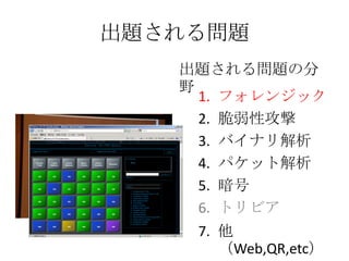 出題される問題出題される問題の分野フォレンジック脆弱性攻撃バイナリ解析パケット解析暗号トリビア他（Web,QR,etc）
