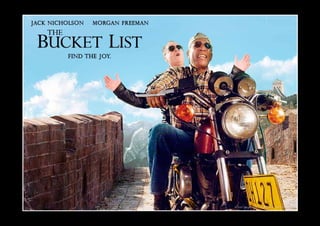 In de film The Bucket List met Morgan Freeman

en Jack Nicholson verzinnen hun personages een

Bucket List wanneer zij weten dat zij nog slechts

kort te leven hebben.

Waar steek ik mijn energie in?
 