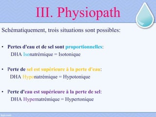 III. Physiopath
Schématiquement, trois situations sont possibles:
• Pertes d'eau et de sel sont proportionnelles:
DHA Isonatrémique = Isotonique
• Perte de sel est supérieure à la perte d'eau:
DHA Hyponatrémique = Hypotonique
• Perte d'eau est supérieure à la perte de sel:
DHA Hypernatrémique = Hypertonique
 
